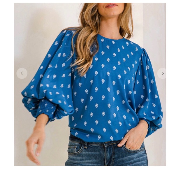 19 Boho Print Lantern Sleeve Blouse Top - Picture 3 of 6